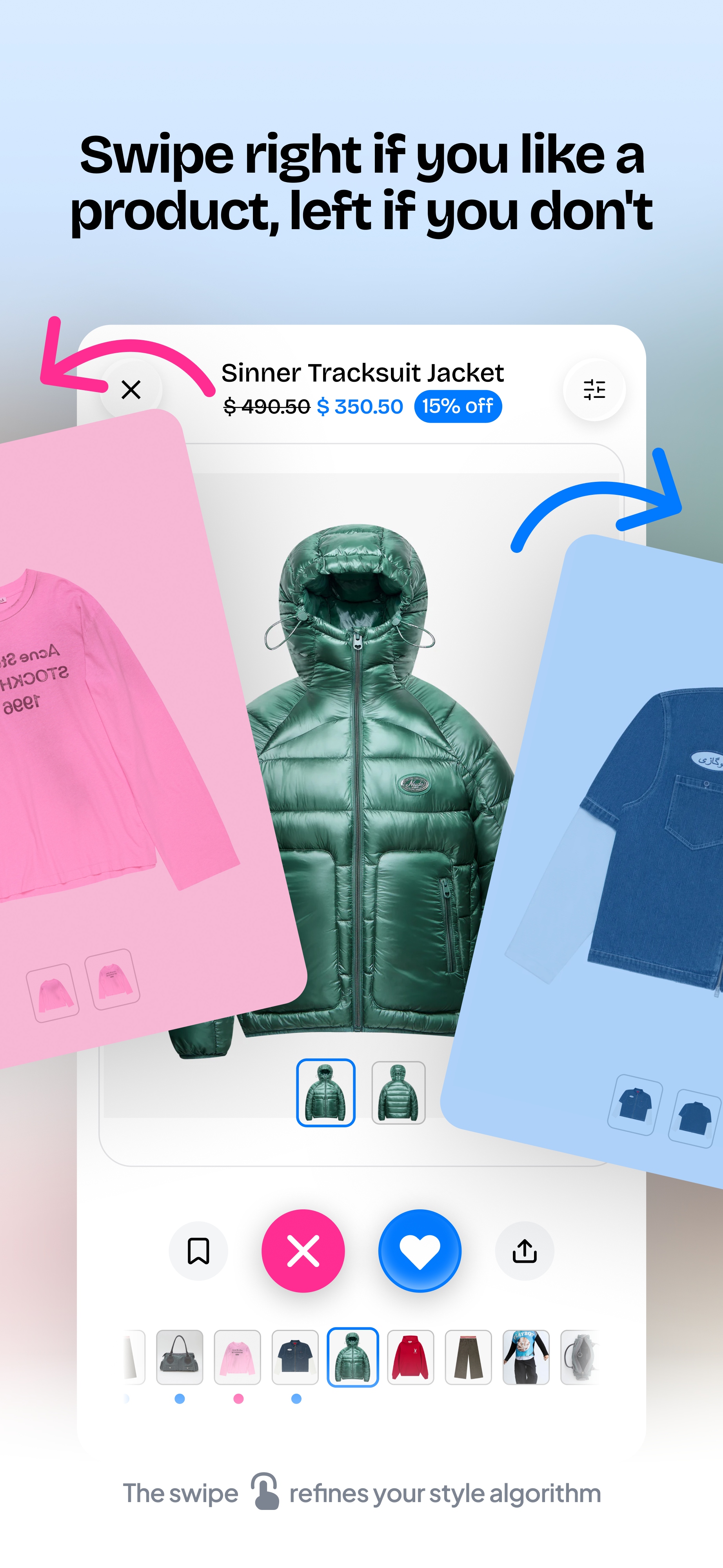 Melian app - swipe right to like products, left to skip